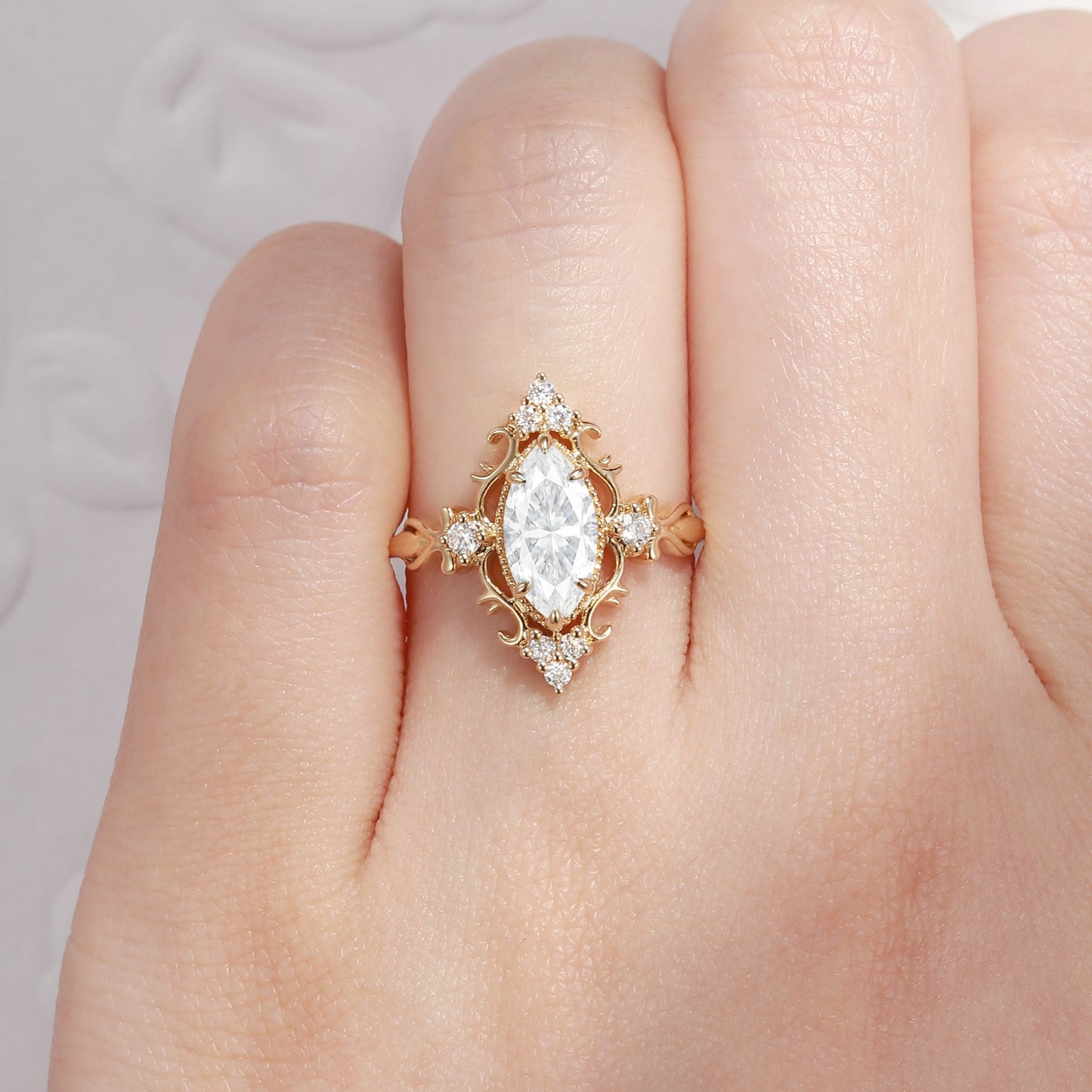 Vintage Inspired Marquise Cut Moissanite Unique Cluster Engagement Ring Bridal Set 2pcs