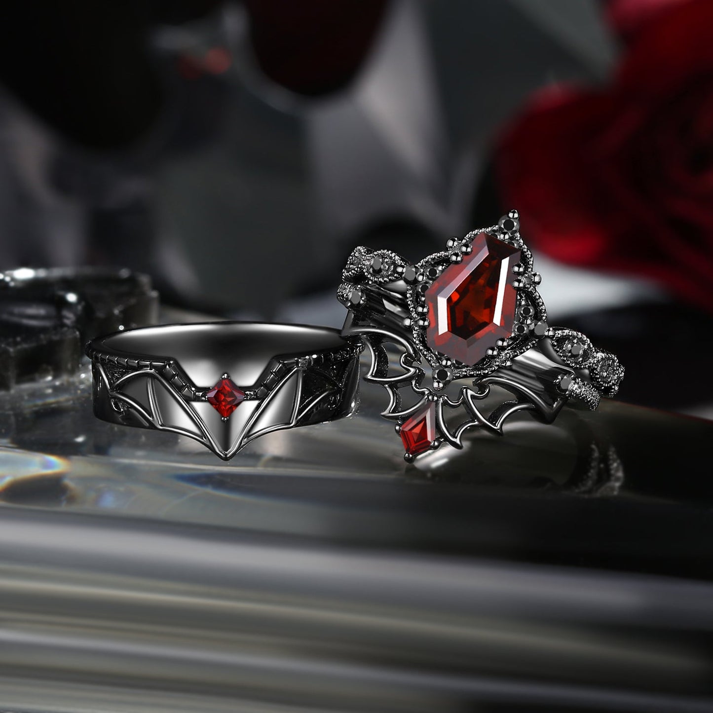 Gothic Coffin Garnet Bat Wing Inspired Couple Bridal Ring Set