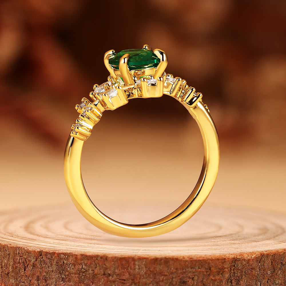 Nature Inspired 1.28CT Round Cut Lab Emerald Leaf & Branch Cluster Ring
