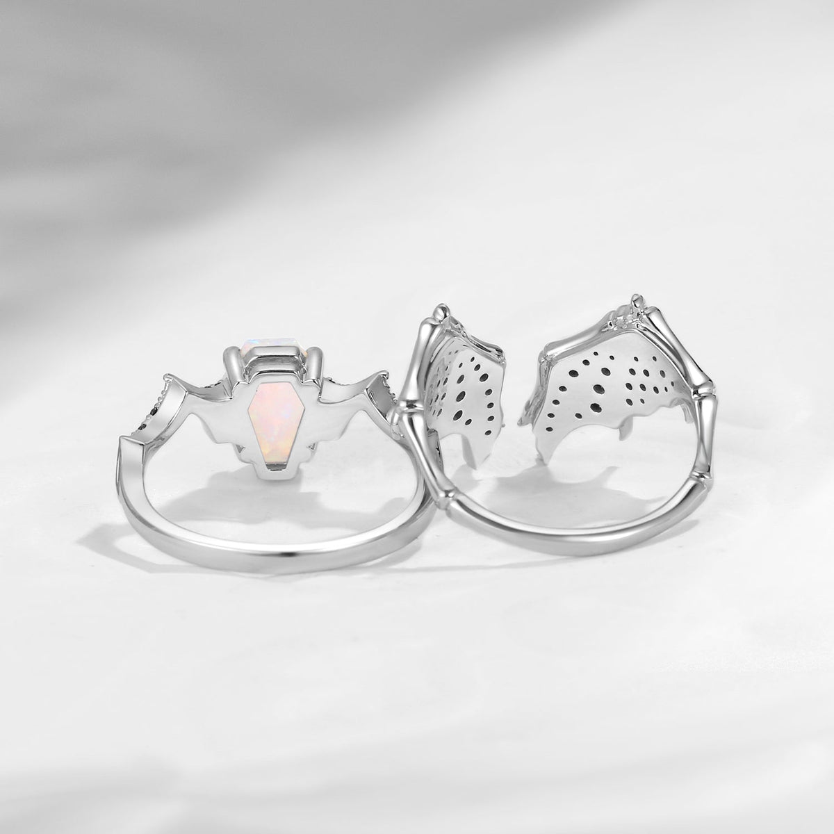 Non-Traditional Coffin Natural Opal Vampire Ring Bridal Set 2pcs - Bat Ring