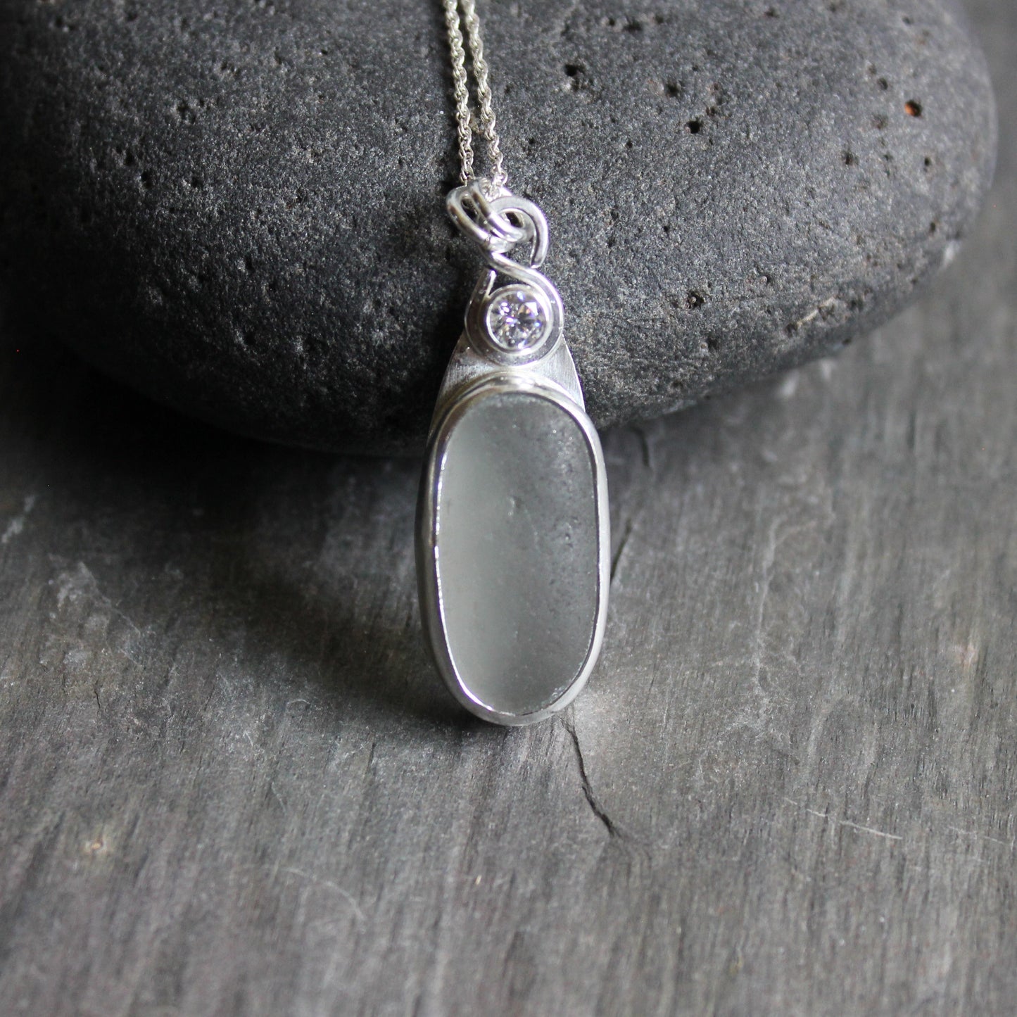 Large CZ & Gray Sea Glass Necklace | Sterling Silver | Handmade
