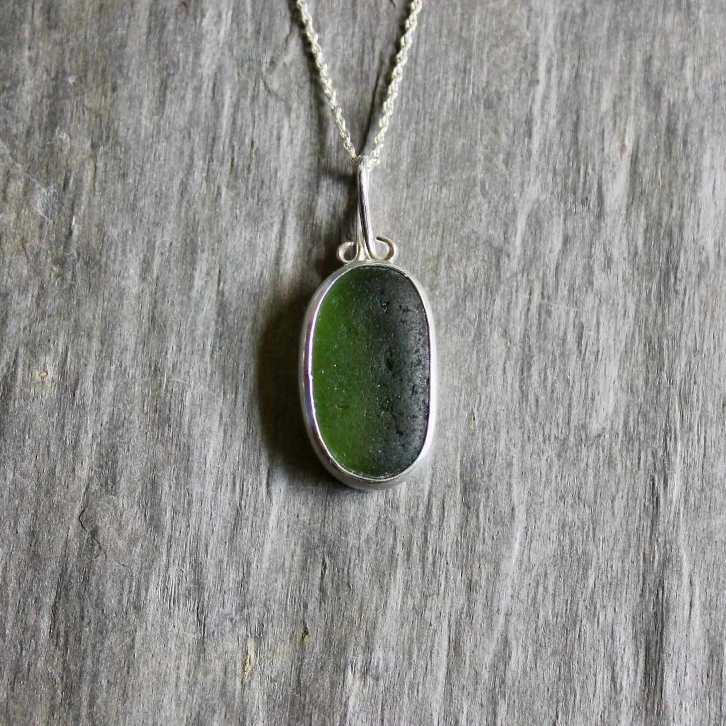 Dark Forest Green Sea Glass Necklace | Sterling Silver | Handmade