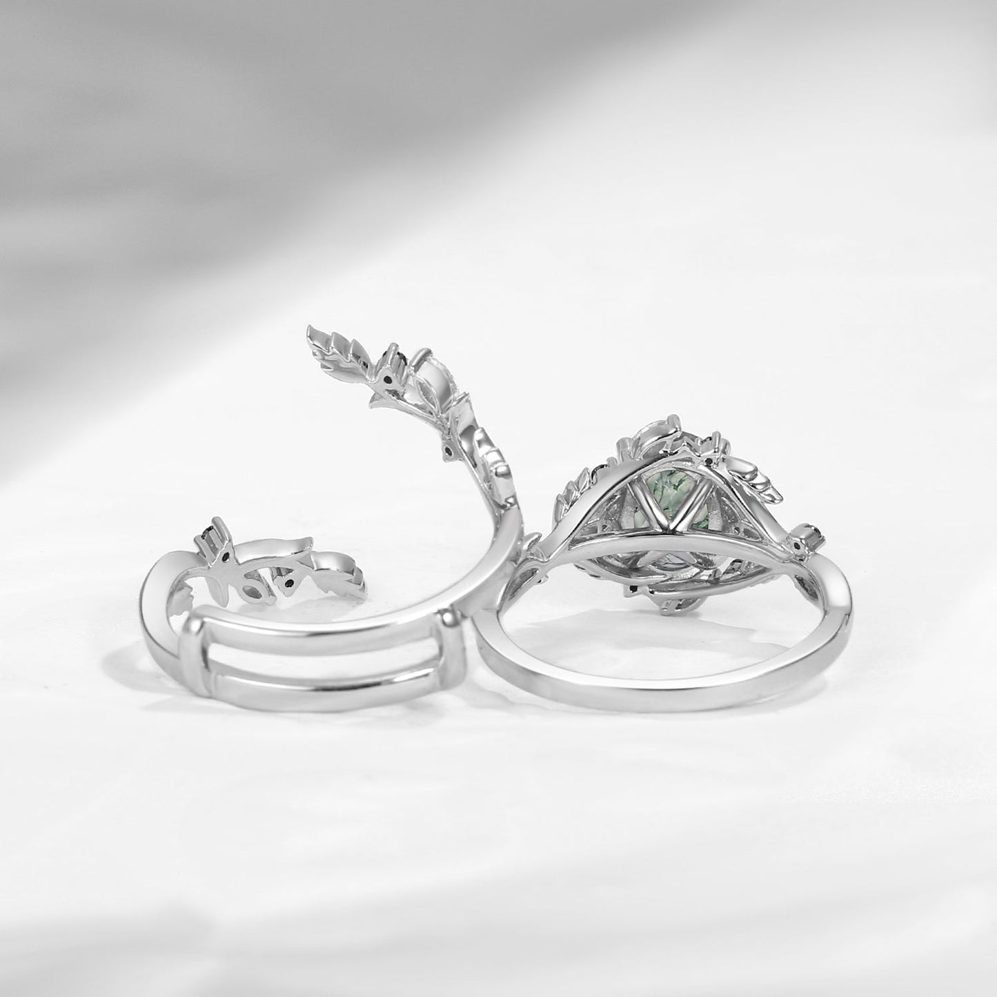 Celtic Calender | 3.18-4.14 | Nature Inspired Celtic Twist Oval Cut Moss Agate Alder Leaf Engagement Ring Set 2pcs
