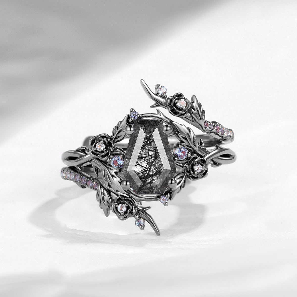Thorns & Roses - Nature Inspired Coffin Cut Black Rutilated Quartz Twisted Engagement Ring Set with Flower & Vine Inspired Cage Ring Jacket