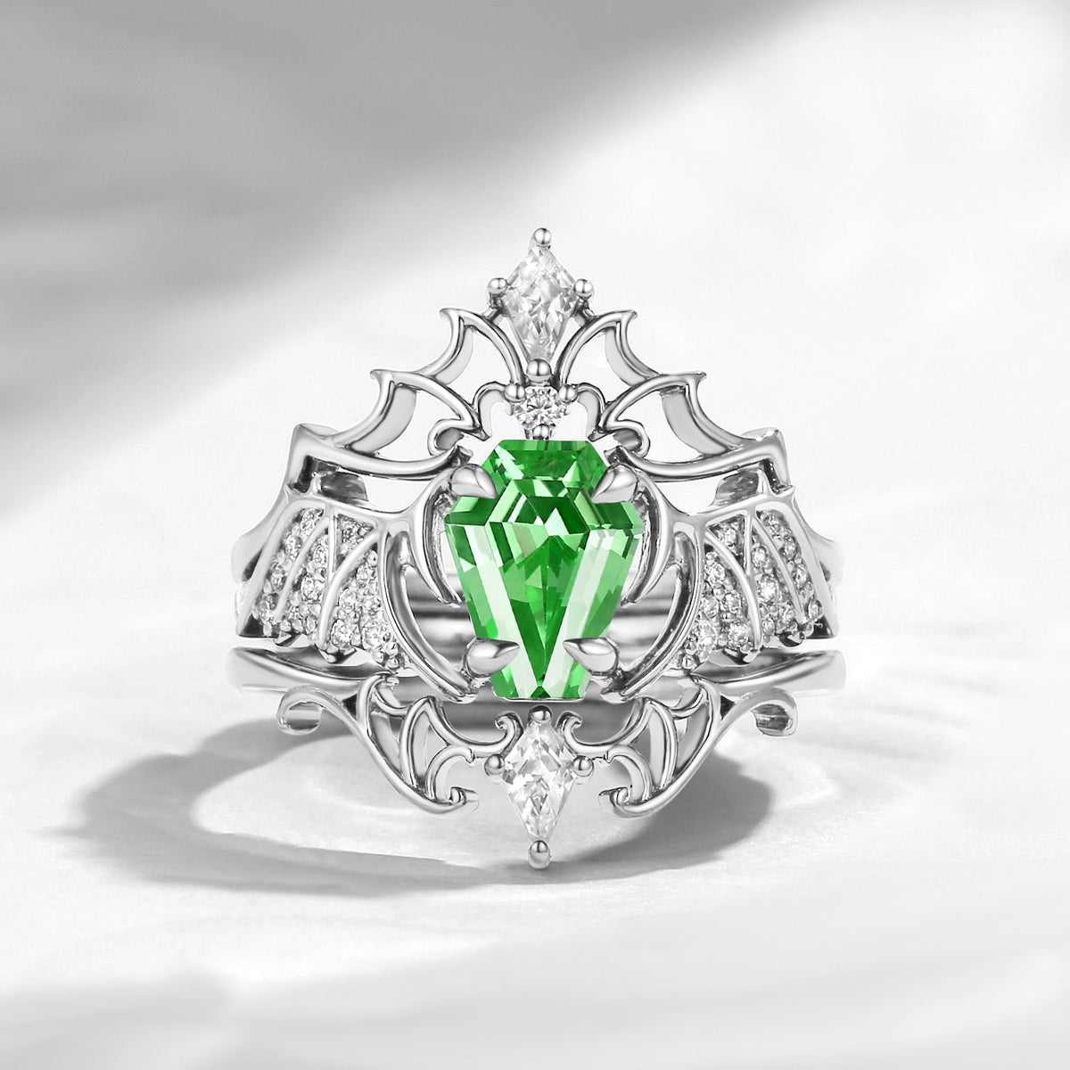 Non-Traditional Coffin Cut Lab Tsavorite Bat Wing Inspired Black Gold Engagement Ring 3pcs