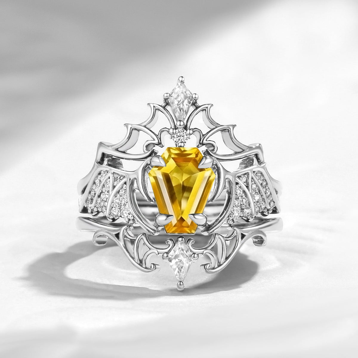 Non-Traditional Coffin Citrine Bat Wing Inspired Alternative Bride Engagement Ring 3pcs