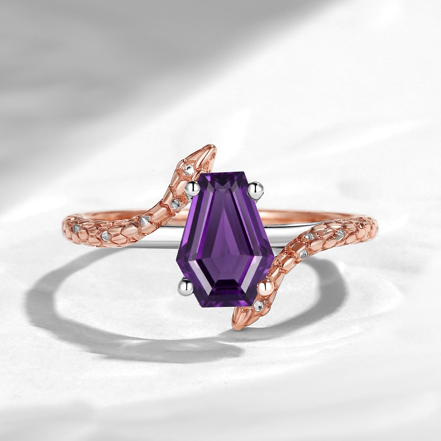 Serpent's Embrace - Gothic Coffin Cut Amethyst Two-Tone Twist Engagement Ring