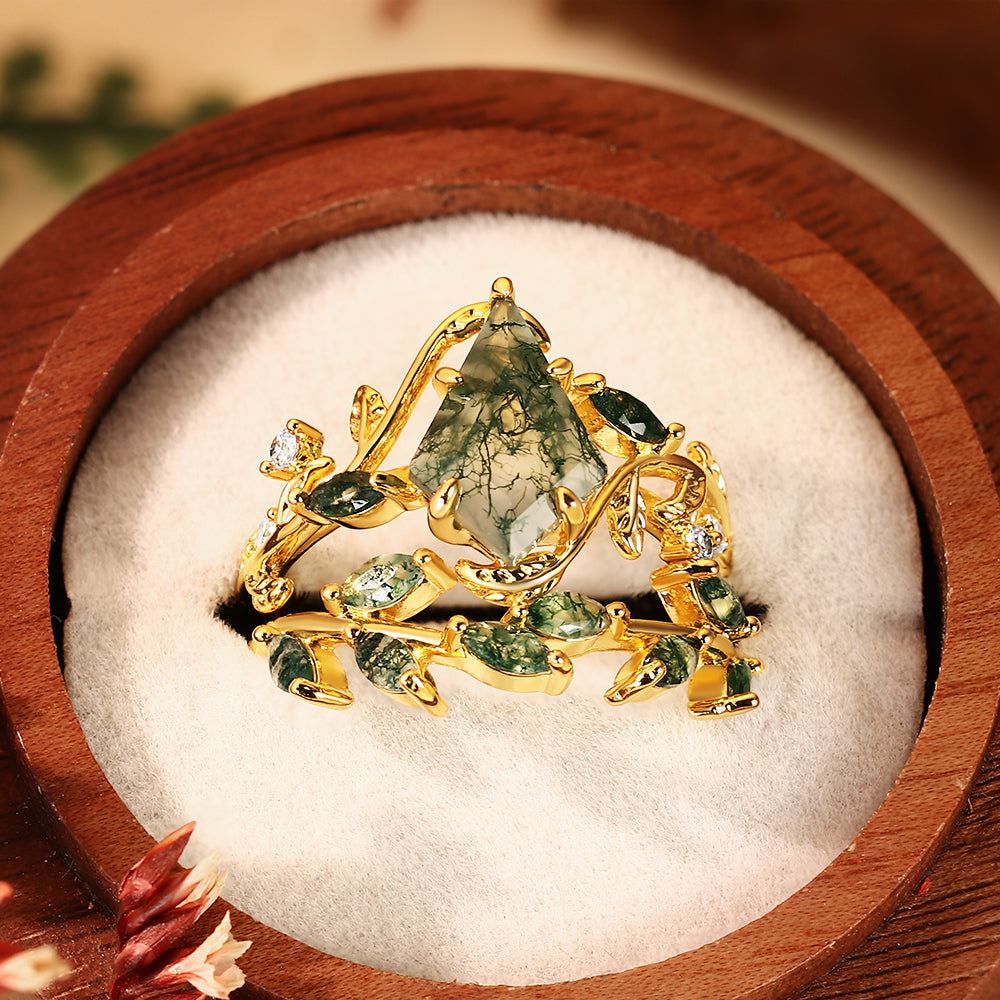 Unique Kite Cut Moss Agate Ring Nature Inspired Vine & Leaf Bridal Ring