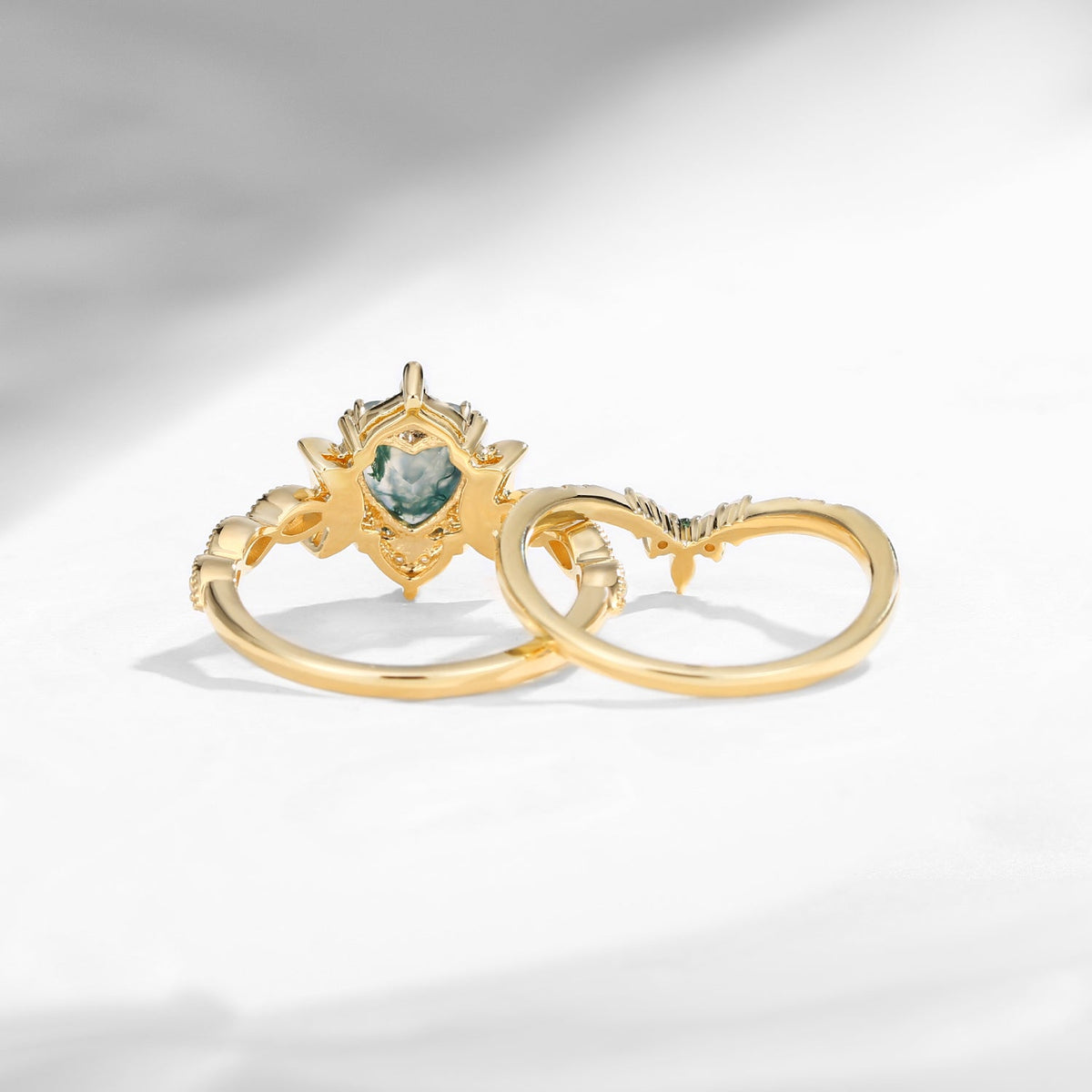Crescent Moon | 18K Heart Shaped Moss Agate & Natural Opal Engagement Ring Set 2pcs - Luna
