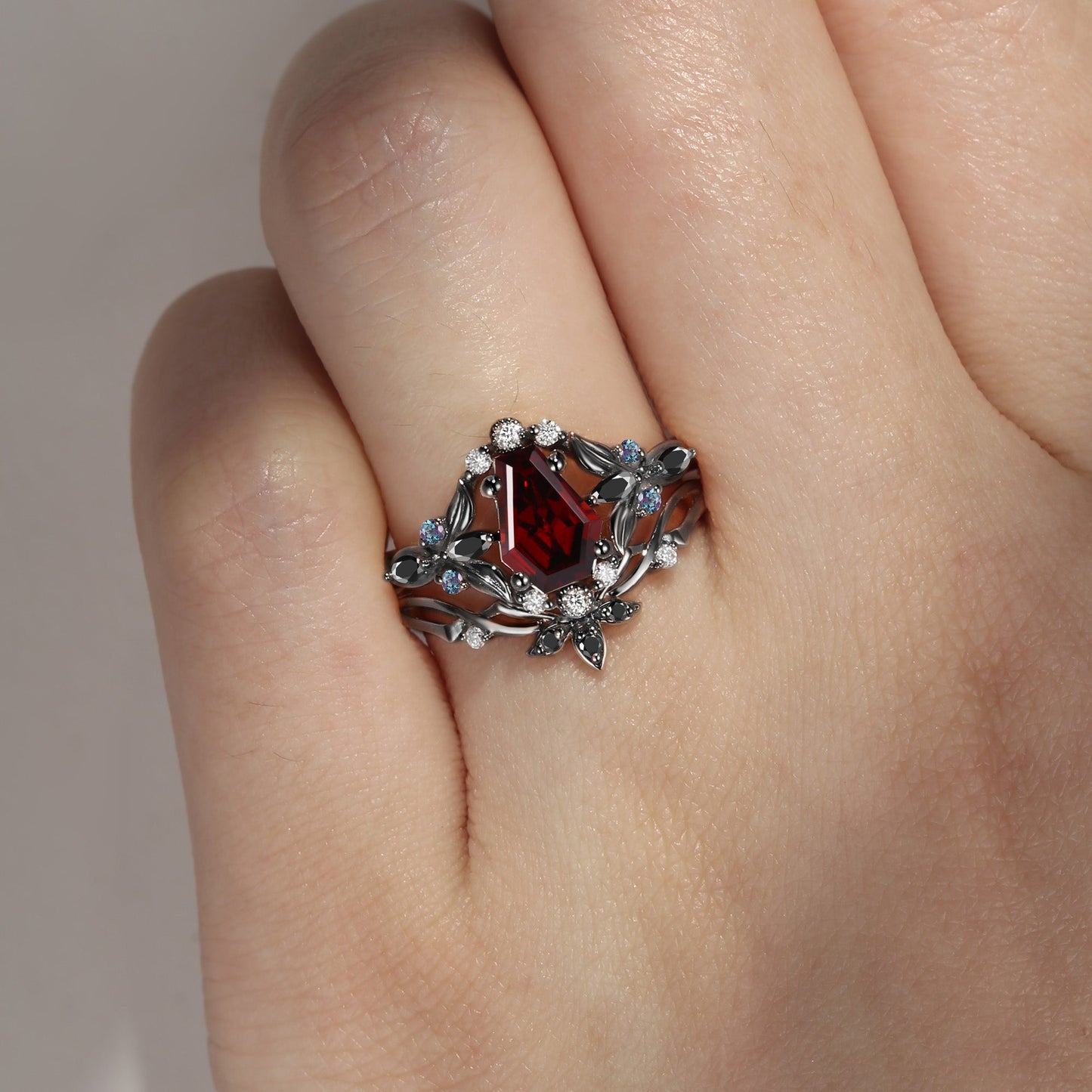 Gothic Style Coffin Cut Garnet Nature Inspired Engagement Ring Set 2pcs