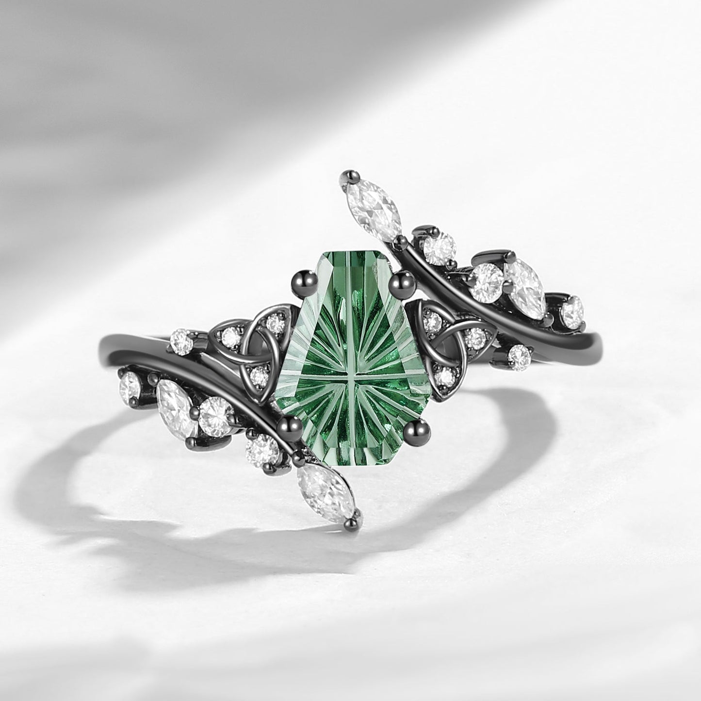 Celtic Ring - Nature Inspired Fantasy Cut Coffin Lab Green Sapphire Engagement Ring with Leafy Detailing