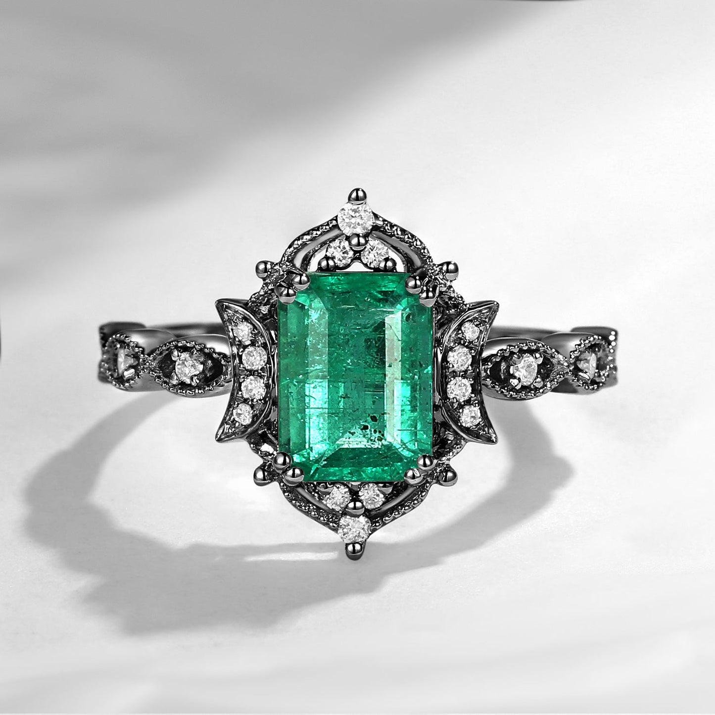 Crescent Moon | Vintage Inspired Art Deco Emerald Cut Natural Emerald Engagement Ring