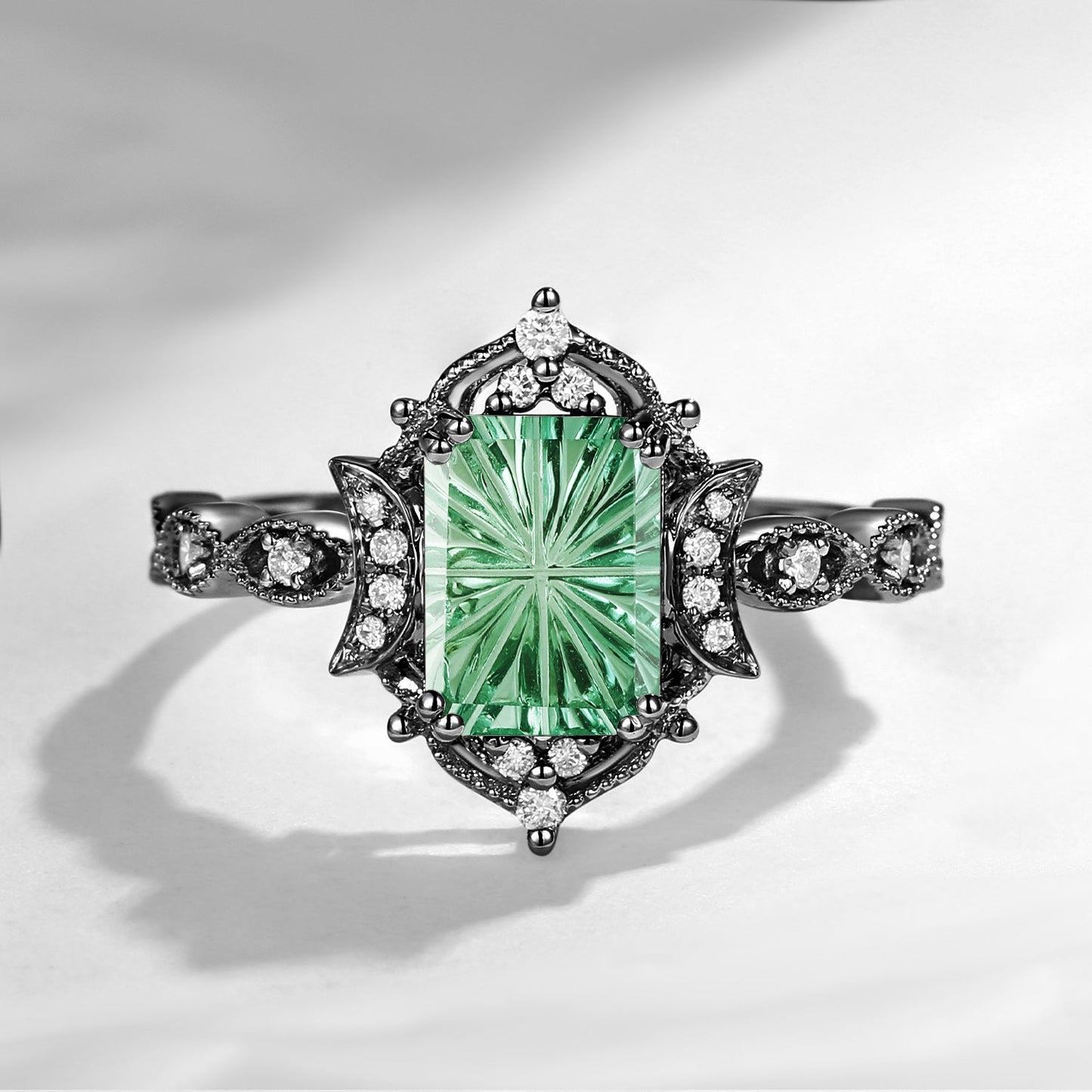 Crescent Moon | Art Deco Fantasy Carved Emerald Cut Lab Green Sapphire Engagement Ring