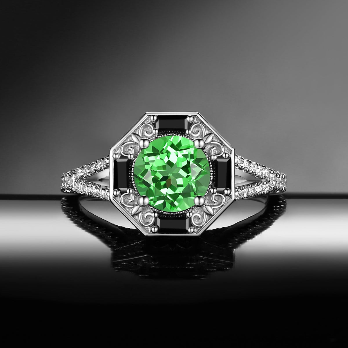 Art Deco Round Cut Lab Tsavorite 'Fallen Aegis' Filigree Hexagon Gold Split Engagement Ring