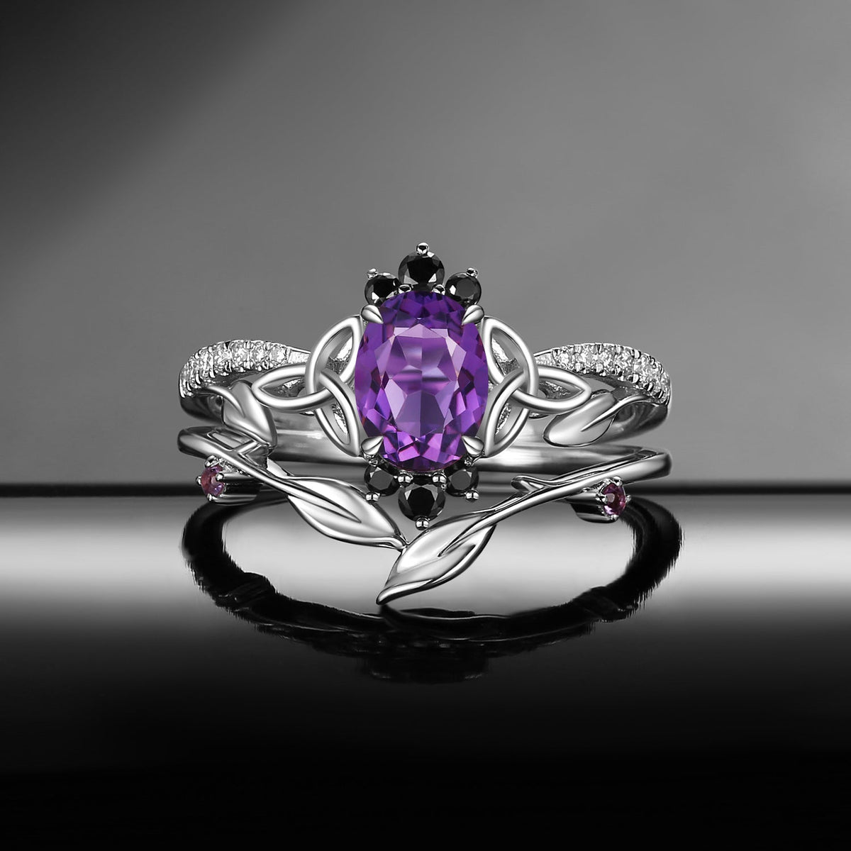 Celtic Calendar | 1.21-2.17 | Oval Amethyst Nature Inspired Rowan Leafy Celtic Ring Set 2pcs