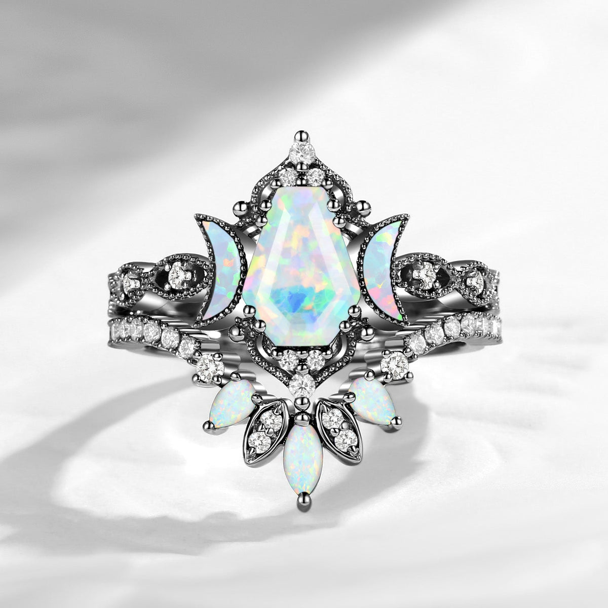 Crescent Moon | Coffin Cut Lab Opal 'Ultra Galaxy' Engagement Ring Set 2pcs