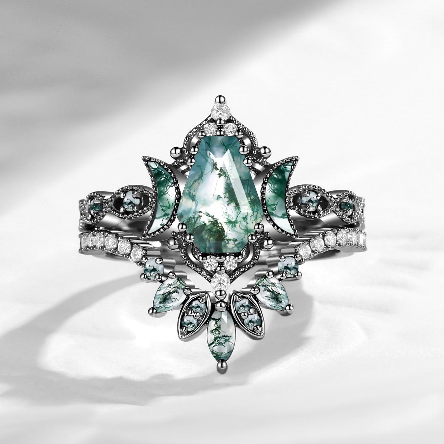 Crescent Moon | Coffin Cut Moss Agate 'Ultra Galaxy' Engagement Ring Set 2pcs