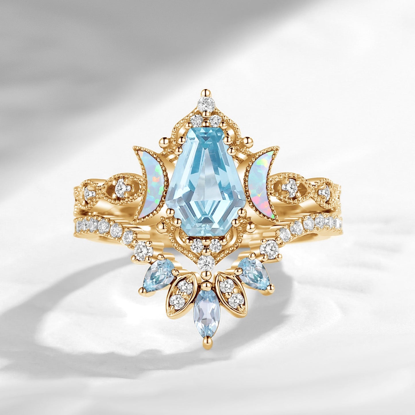 Crescent Moon | Coffin Cut Natural Aquamarine 'Ultra Galaxy' Engagement Ring Set 2pcs
