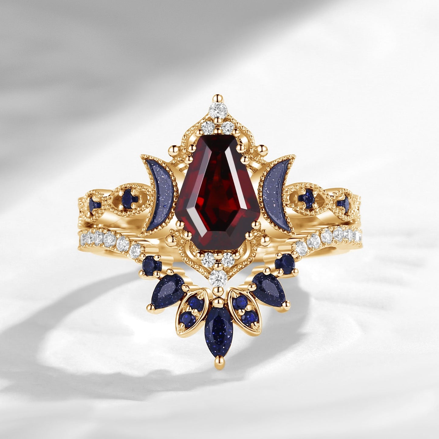 Crescent Moon | Coffin Cut Garnet Black Gold Engagement Ring Set 2pcs- 'Ultra Galaxy'