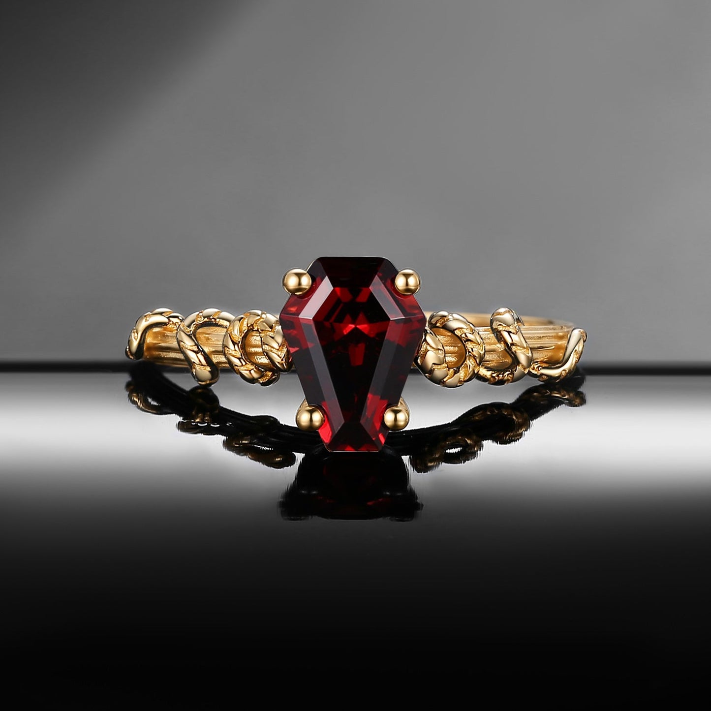 Serpent's Embrace - Gothic Coffin Cut Garnet Two-Tone Engagement Ring with Twisted Snake Detailing