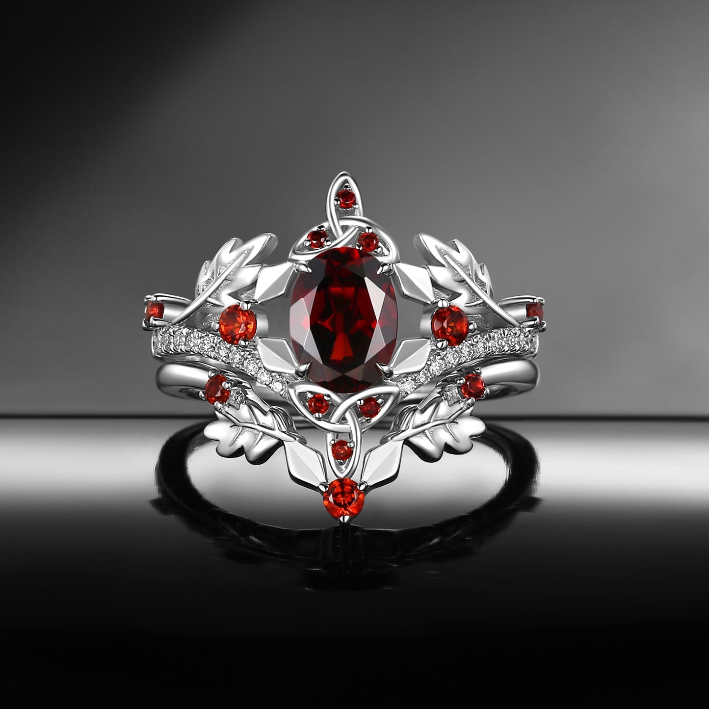 Celtic Calendar | 12.24-1.20 | Oval Garnet Nature Inspired Birch Leafy Celtic Ring Set 2pcs