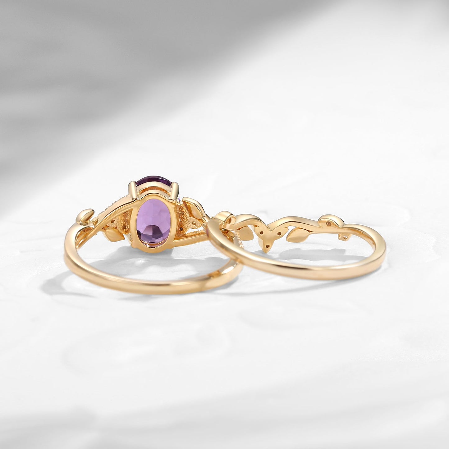 Celtic Calendar | 1.21-2.17 | Oval Amethyst Nature Inspired Rowan Leafy Infinity Celtic Ring Set 2pcs