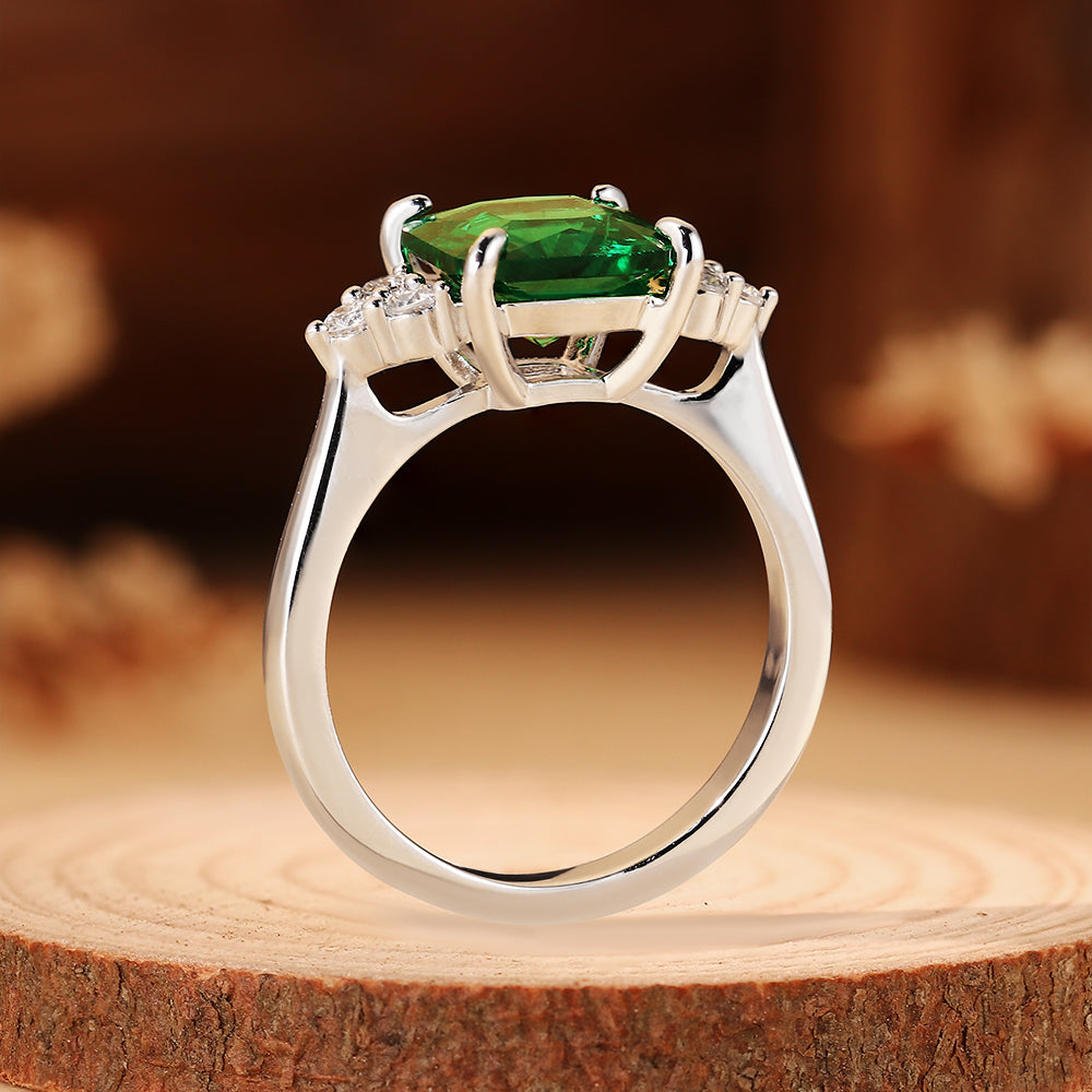 2.69CT Emerald Cut Lab Emerald with Cluster Accents Engagement Ring