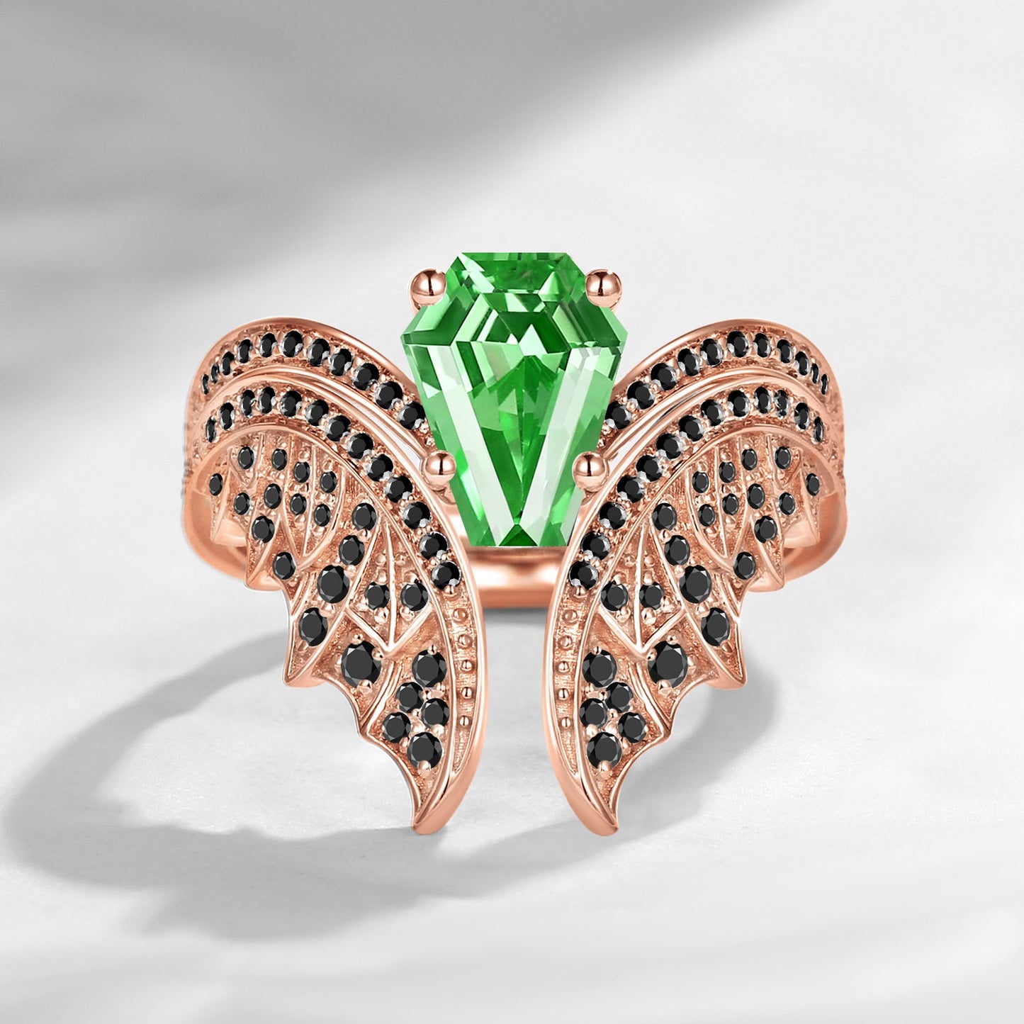 Coffin Cut Lab Tsavorite Vintage Black Gold Bridal Set 2pcs - Bat Ring