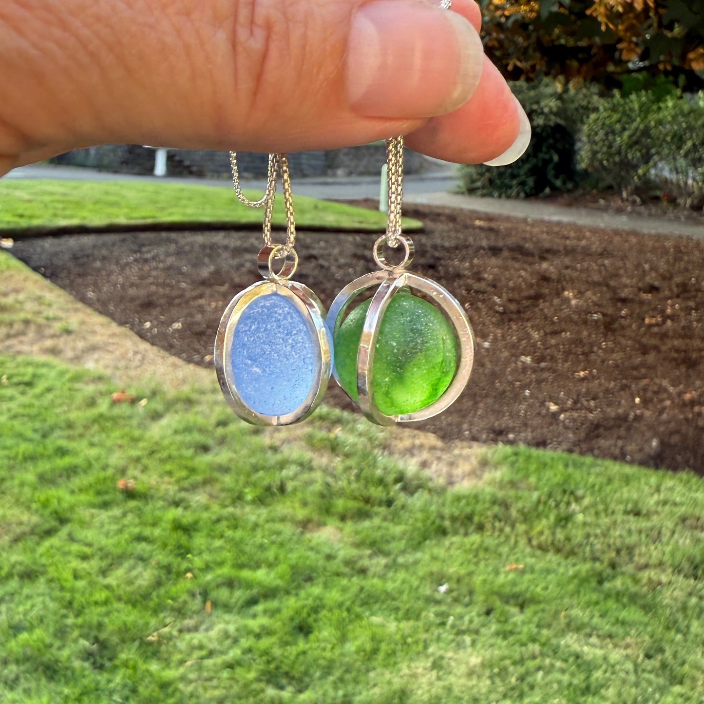 Cornflower Blue Caged Sea Glass Marble Necklace | Sterling Silver | Handmade