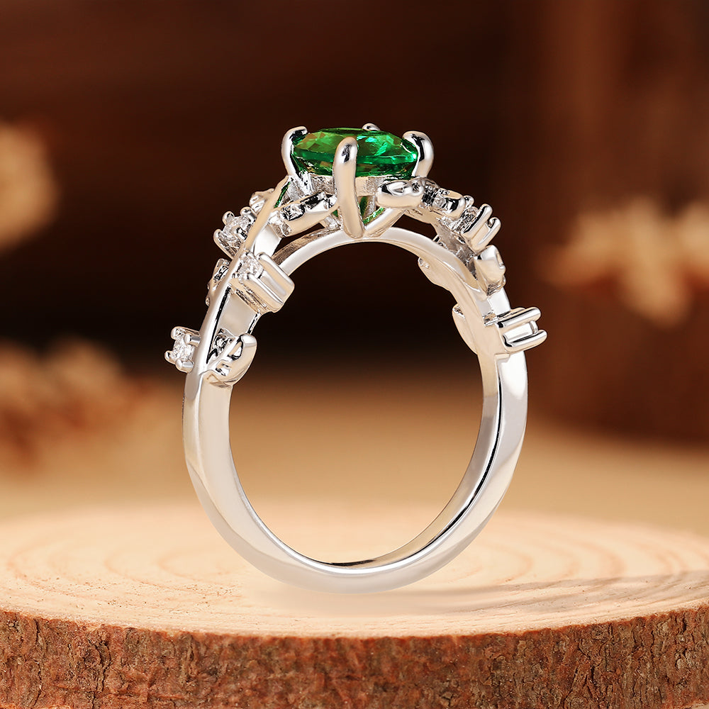 Nature Inspired Tree Branch 0.9CT Round Cut Lab Emerald Vine Leaf Engagement Ring
