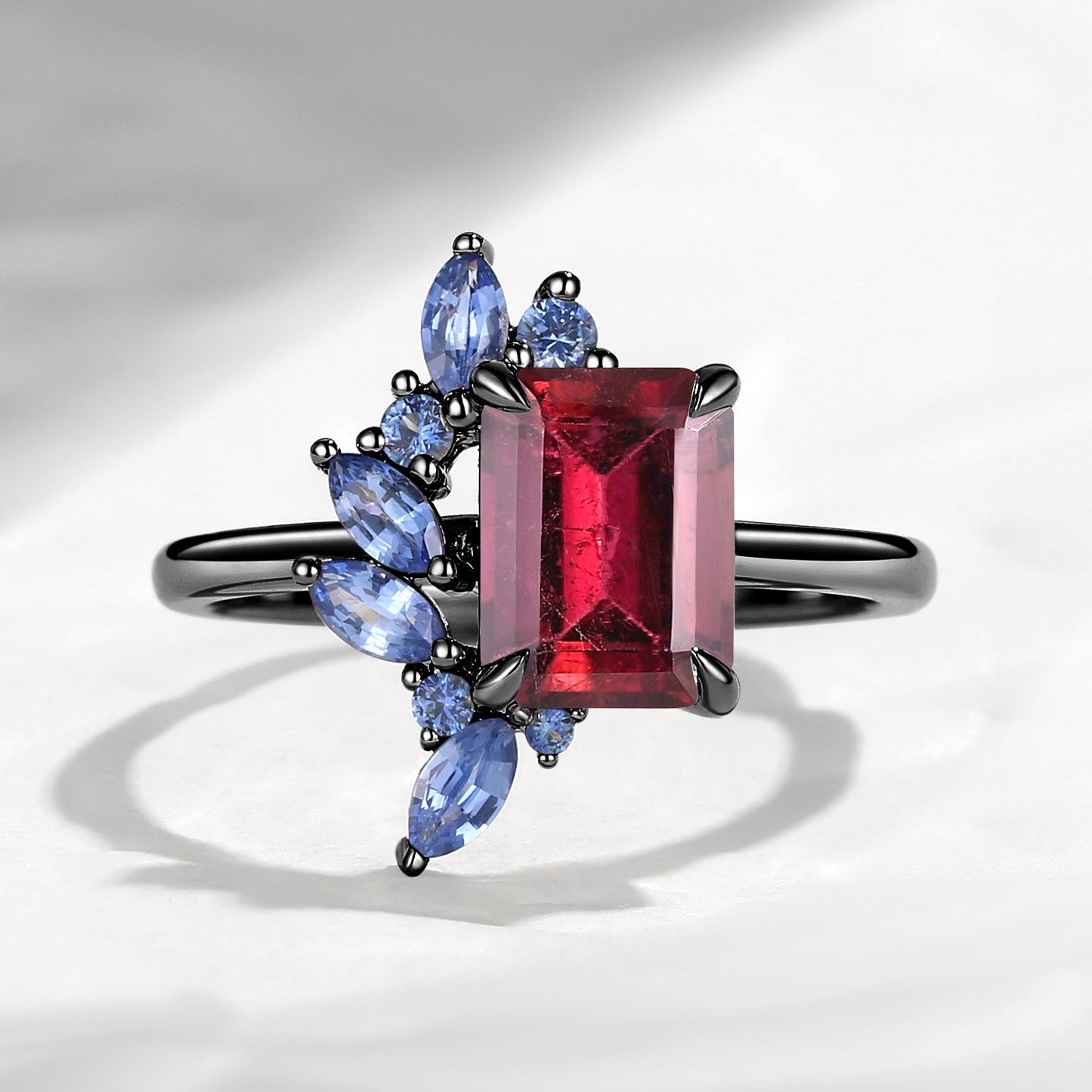 Cluster Emerald Cut Natural Pink Tourmaline Sapphire Accents Engagement Ring