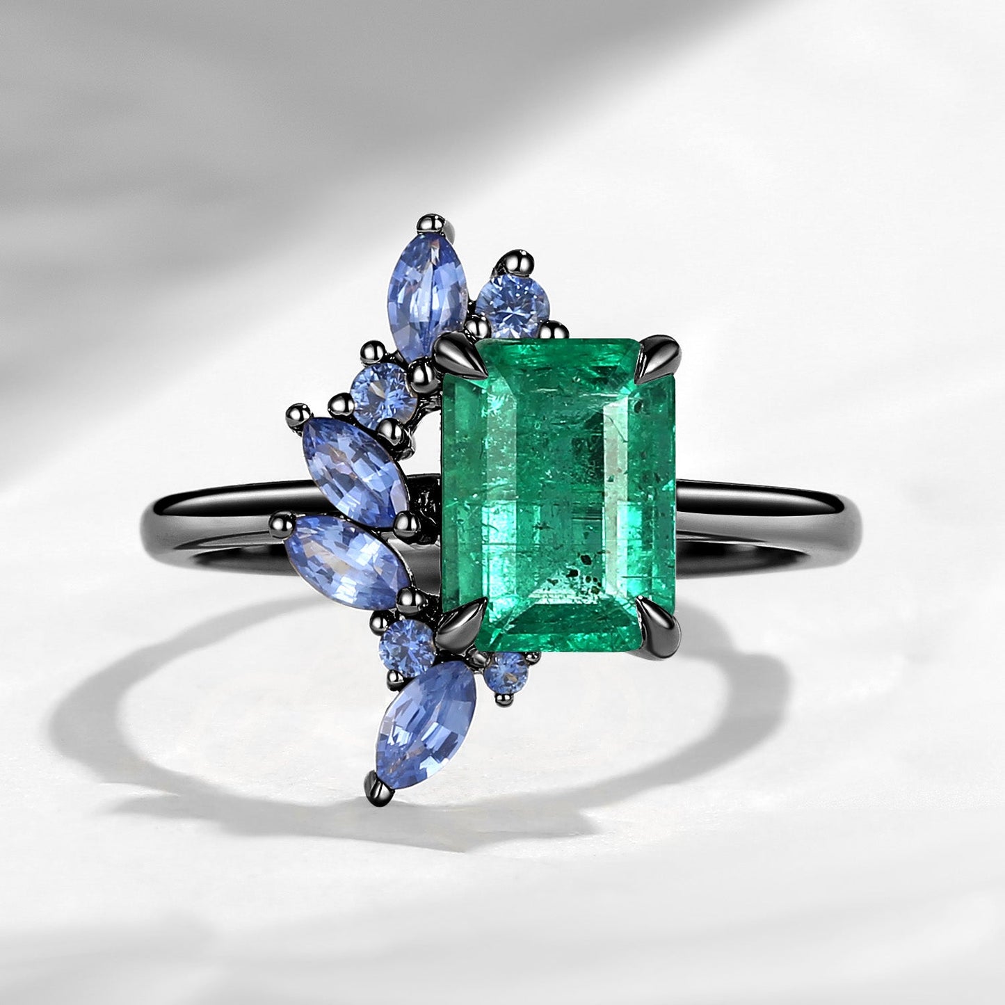 Cluster Emerald Cut Natural Emerald & Natural Sapphire Accents Engagement Ring