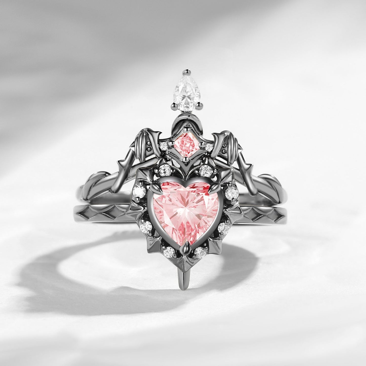 'Cupid's Arrow' - Gothic Heart Cut IGI Certified Lab Pink Diamond Heart Sword Ring Alternative Bridal Set