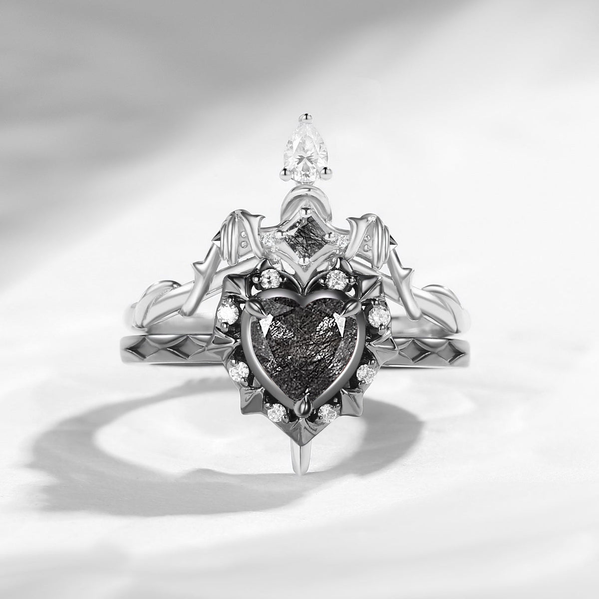 'Cupid's Arrow' - Gorhic Heart Cut Moss Agate Heart Sword Ring Alternative Bridal Set