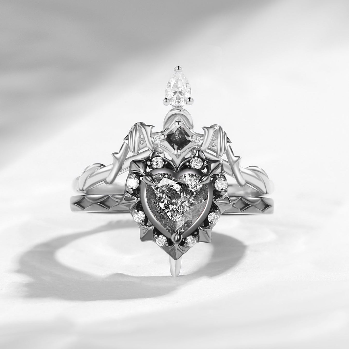 'Cupid's Arrow' - Gothic Heart Cut Salt & Pepper Diamond Heart Sword Ring Alternative Bridal Set