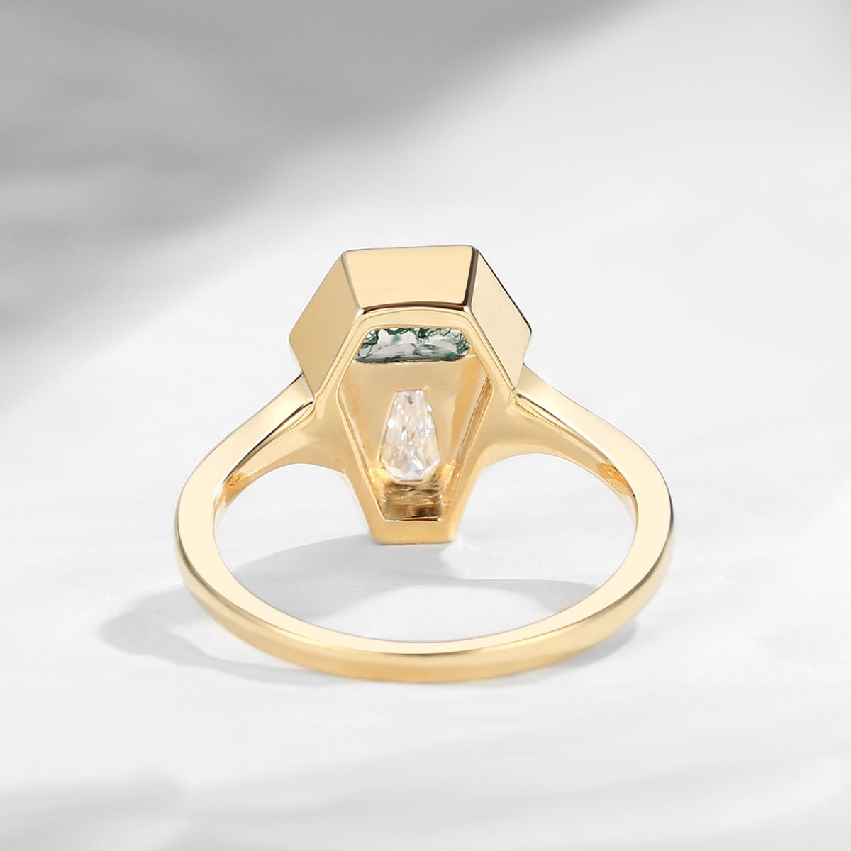 Tree of Life - Half Moon Cut Moss Agate + Coffin Cut Moissanite Stamp Engagement Ring with Leaf Engraving