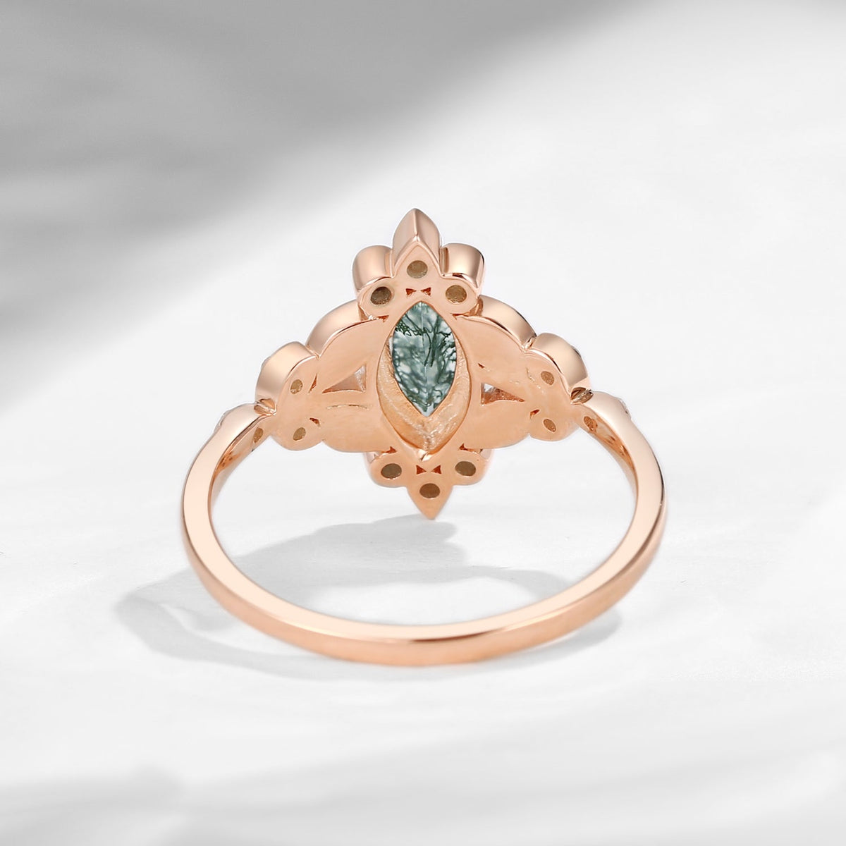 Unique Bezel Marquise Moss Agate Nature Inspired Engagement Ring