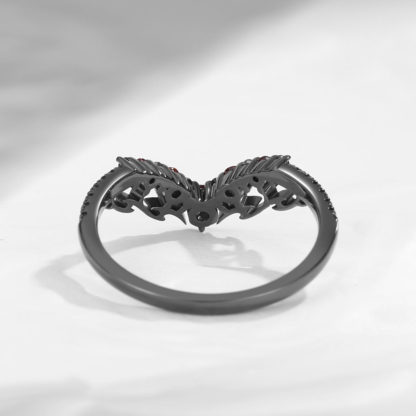Garnet & Black Moissanite Curved Gothic Inspired Wedding Band