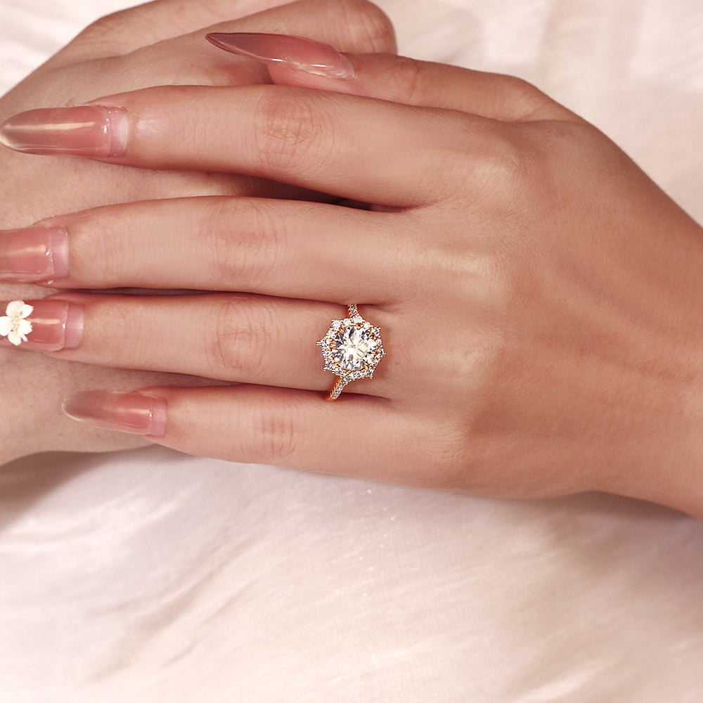 2.46ct Round Cut Moissanite Floral Snowflake Halo Engagement Ring