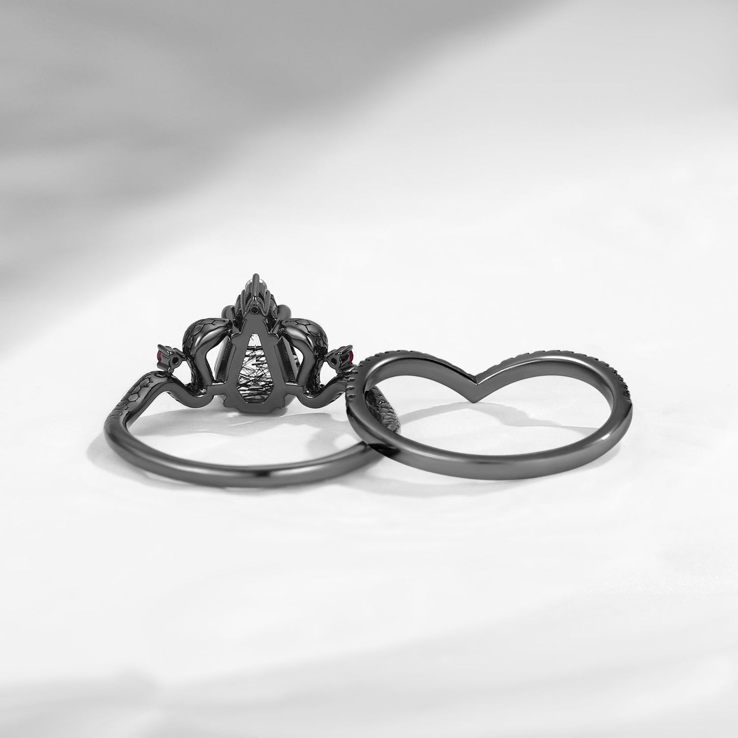 Gothic Coffin Cut Black Rutilated Quartz Engagement Ring - 'Serpent's Embrace'