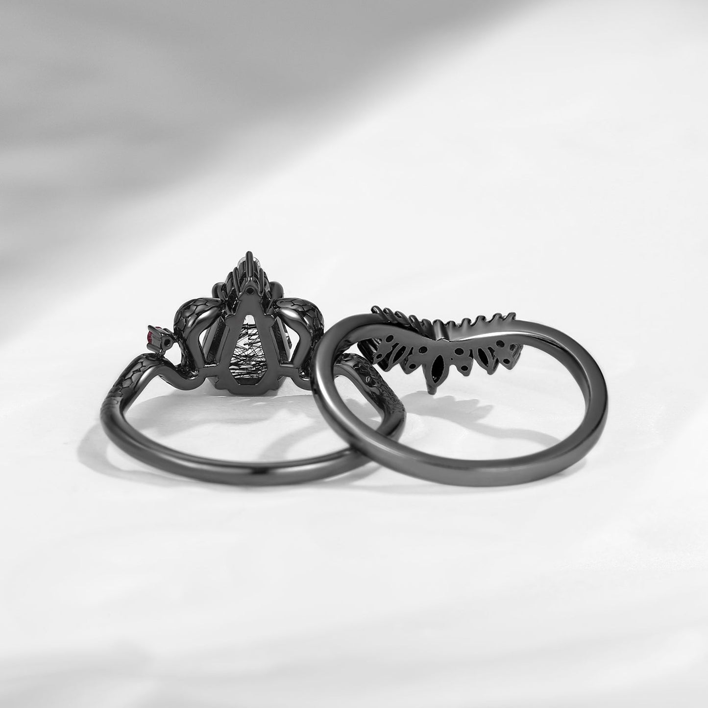 Gothic Coffin Cut Black Rutilated Quartz Snake Engagement Ring Set 2pcs - Serpent's Embrace