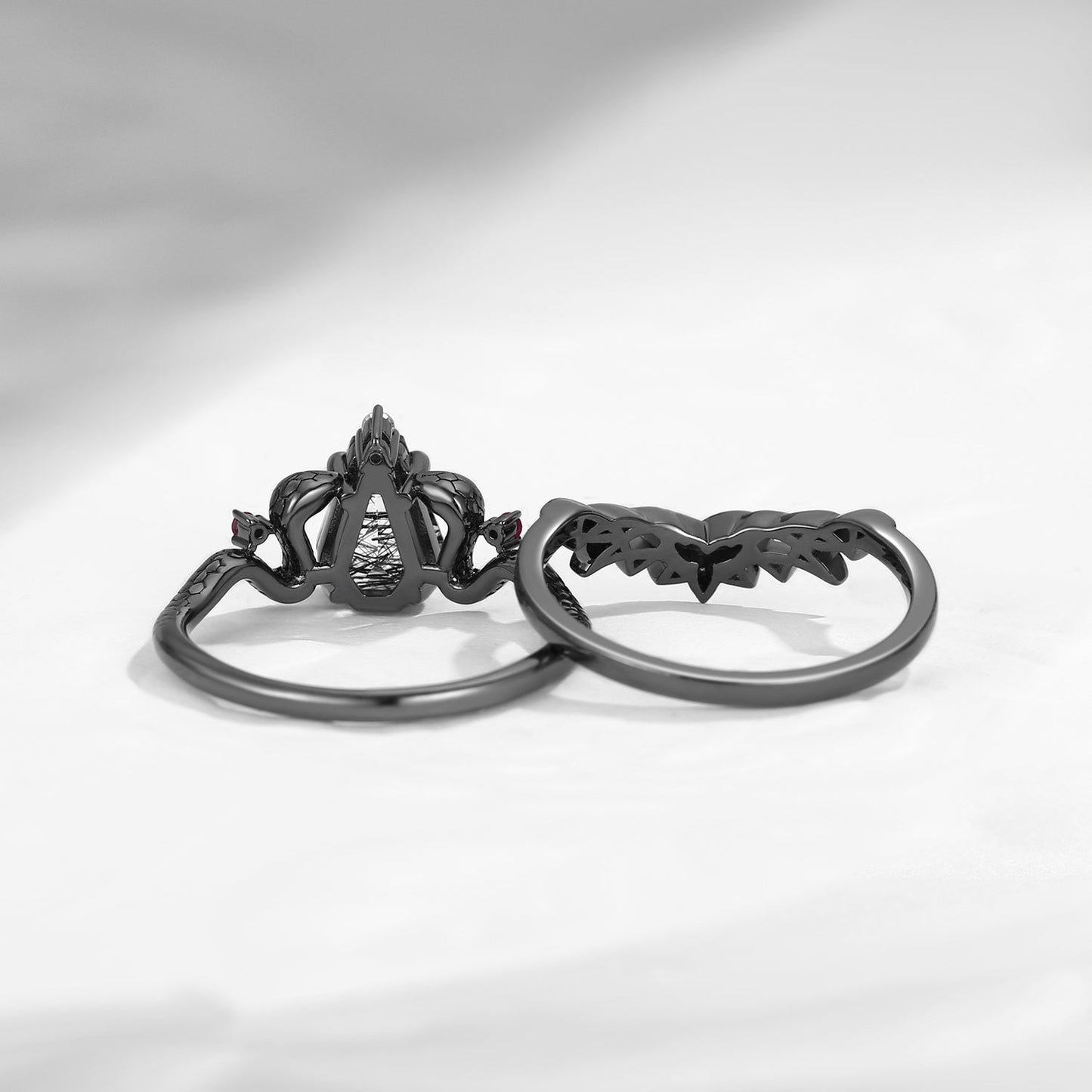 Gothic Celtic Coffin Black Rutilated Quartz Engagement Ring Set 2pcs - Serpent's Embrace