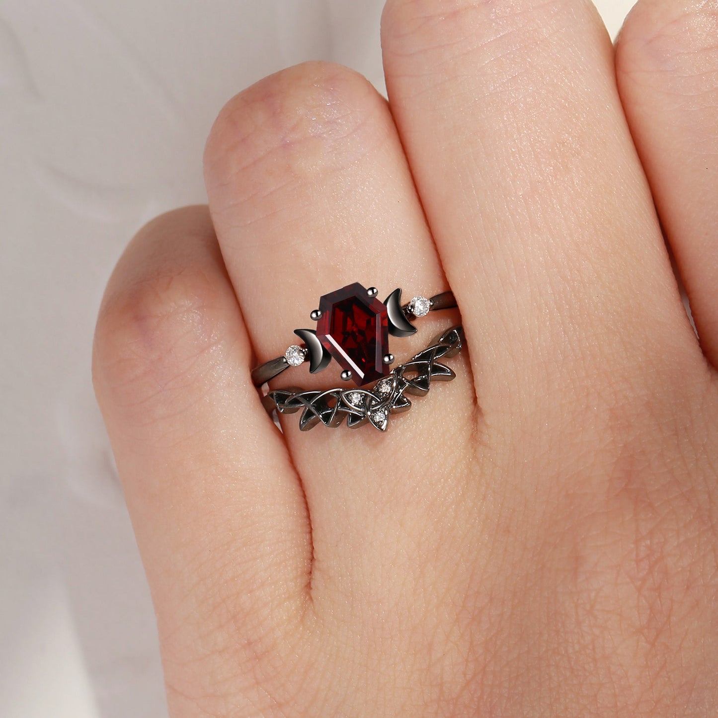 Celtic Moon - Coffin Cut Garnet Celtic Gothic Engagement Ring Set In Black Gold