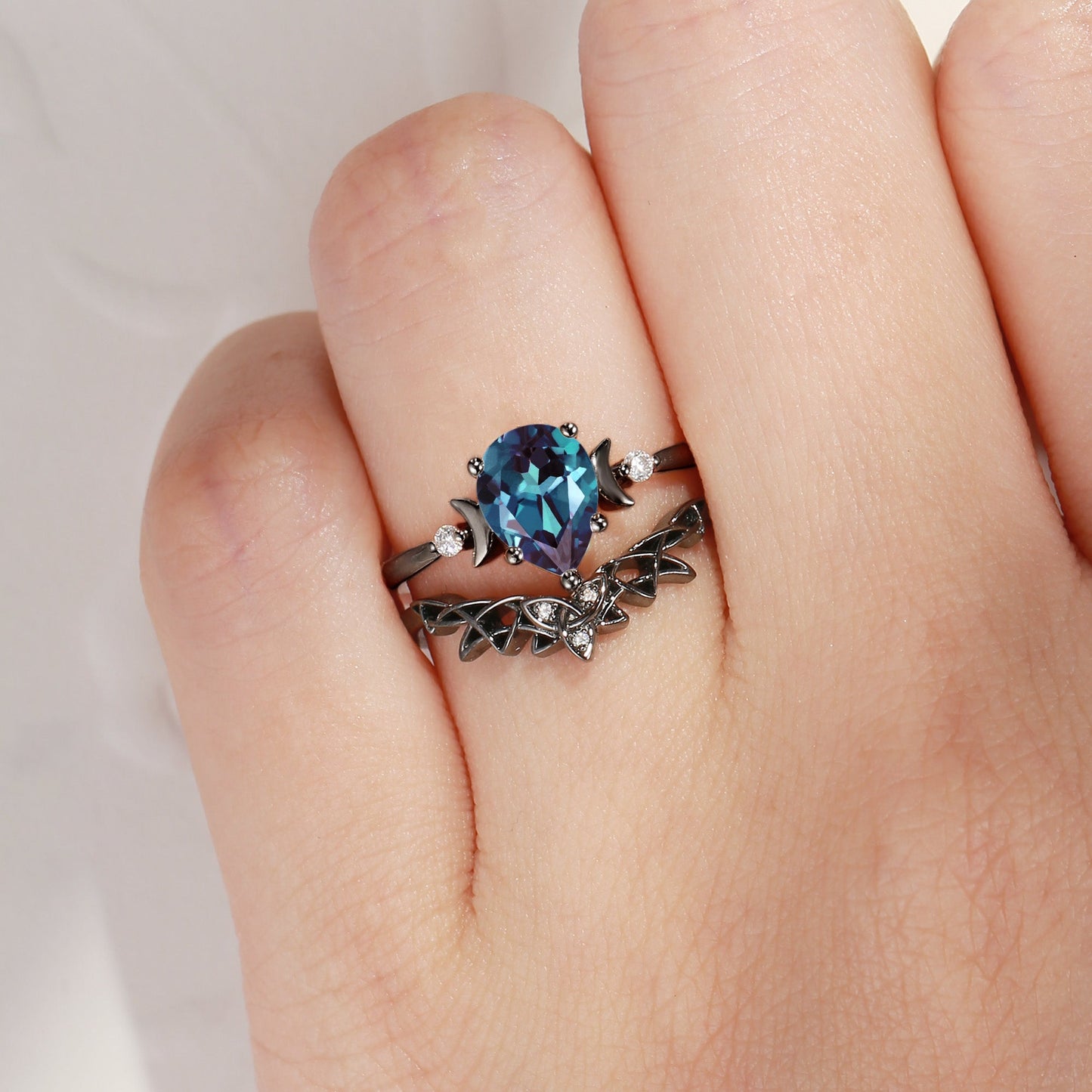 Celtic Moon - Pear Cut Lab Alexandrite Celtic Engagement Ring Set