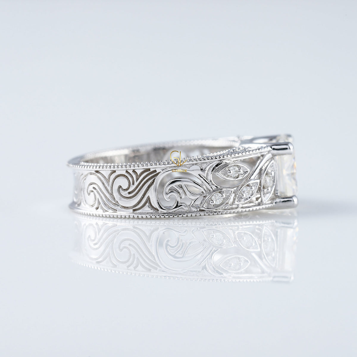 Vintage Leaf Inspired Princess Cut Moissanite Filigree Wide Band