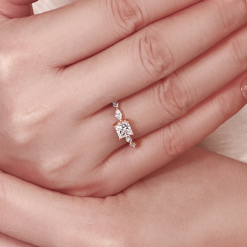 1.1CT Princess Cut Moissanite Engagement Ring with Marquise Side Stones