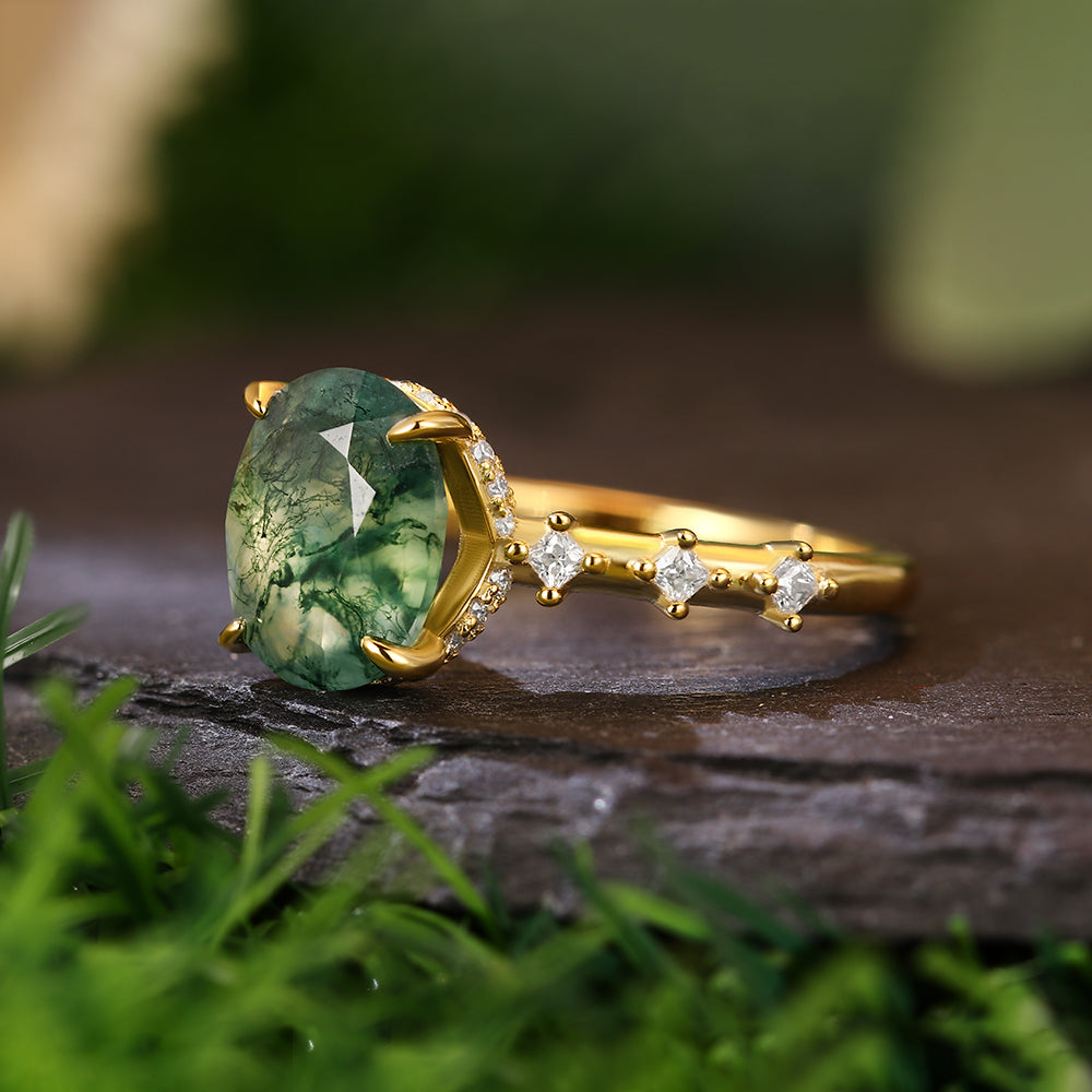 8x10mm Oval Cut Moss Agate Hidden Halo with Princess Cut Moissanite Accents Nature-Inspired Engagement Ring