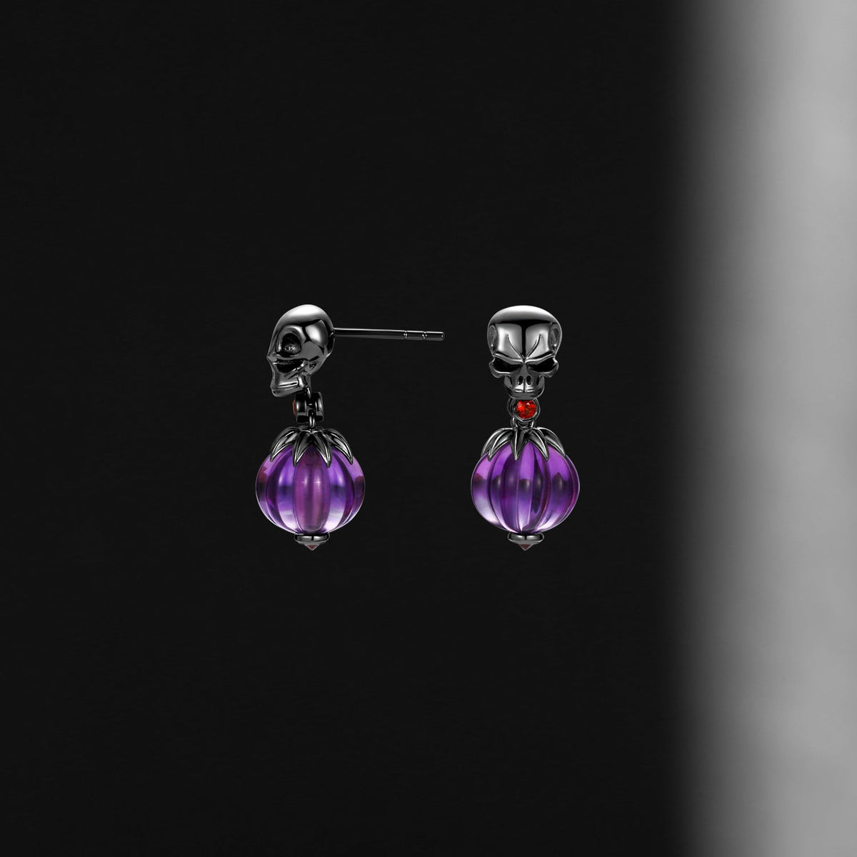 Amethyst Gemstone Jewelry Gothic Skull & Pumpkin Shaped Halloween Stud Earrings