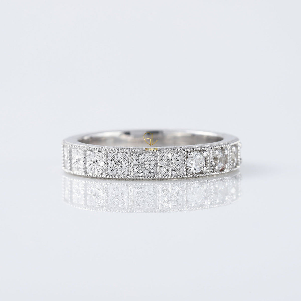 Five Stone Moissanite Antique Milgrain Wedding Band