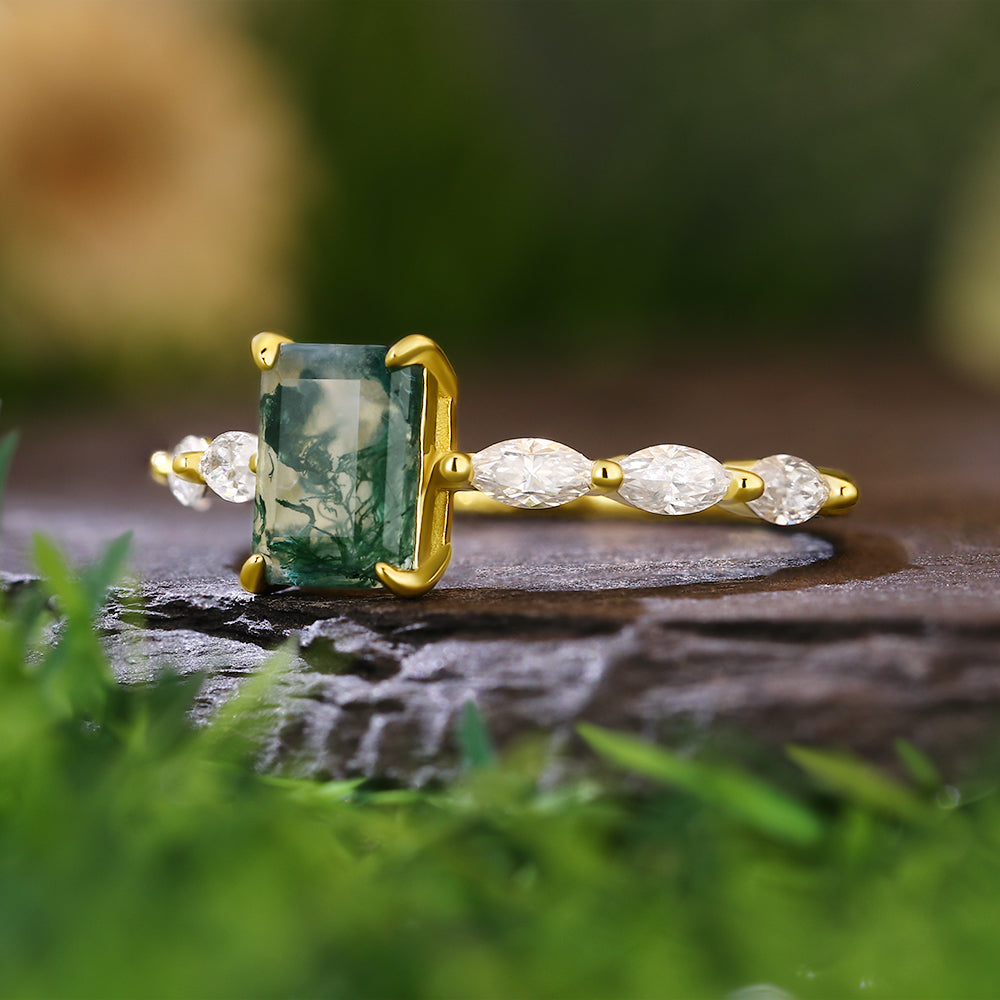 5x7mm Emerald Cut Moss Agate with Marquise Accent Nature-Inspired Engagement Ring